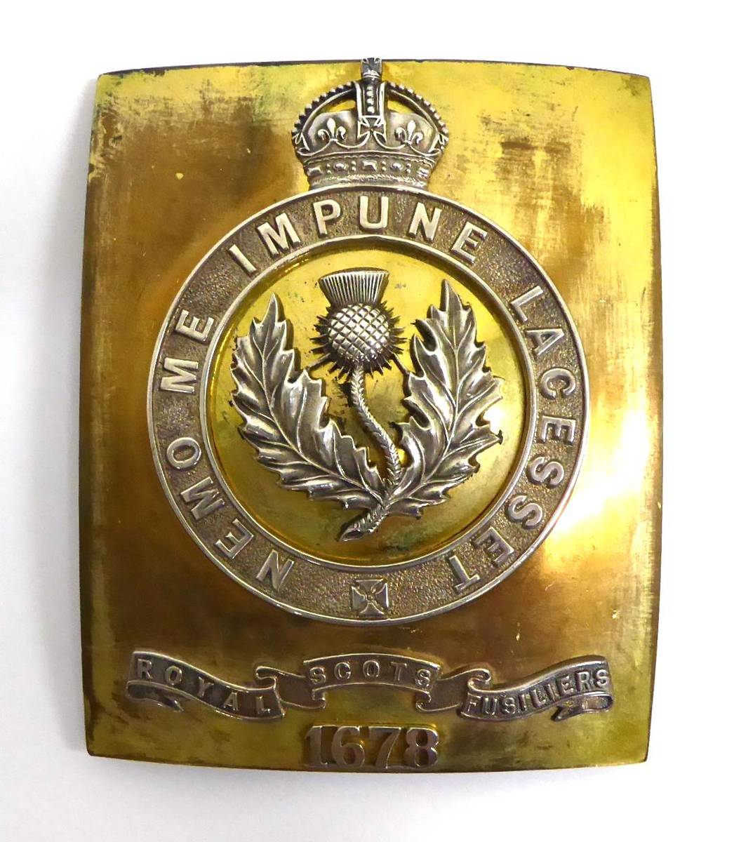 Lot 98 - A Shoulder Belt Plate to the Royal Scots Fusiliers, in brass and silver plate, with King's...