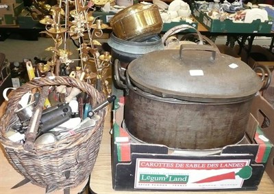 Lot 711 - A Brass Jam Pan; Hot Water Can; Assorted Kitchen Pans; Utensils; Baskets; and A Gold Painted...