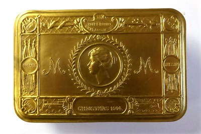 Lot 147 - A First World War Princess Mary 1914 Brass Christmas Tin, containing two silver foil packets of...