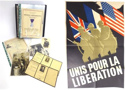 Lot 187 - A Collection of Second World War French Ephemera, including a poster ";Unis Pour La...