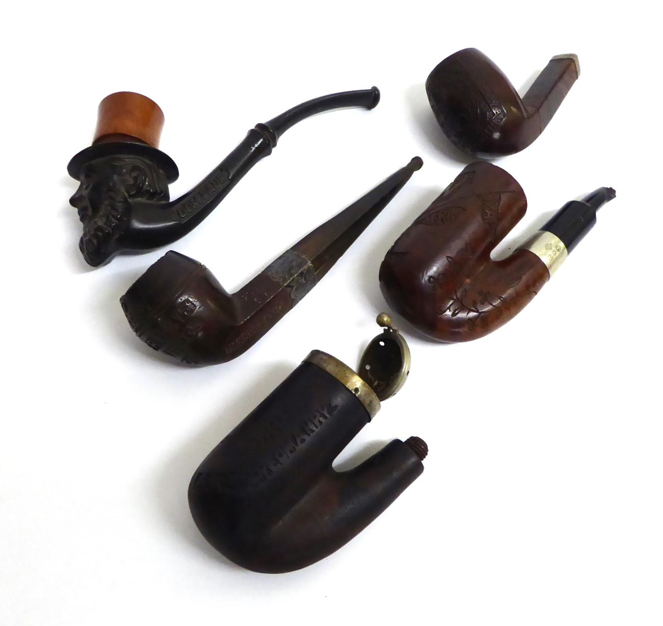 Lot 192 - A Collection of Five Boer War Pipes, one with bakelite bowl moulded as the head of ";Oom Paul";...