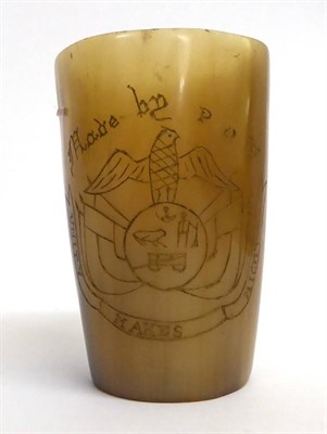 Lot 193 - A Boer Prisoner of War Horn Tumbler, inscribed Made by P.O.W. and carved with a coat of arms...