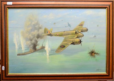 Lot 213 - Geoffrey E. Lea,  Convoy Attack by RAF Bombers, oil on canvas, signed lower right, 50.5 cm by...