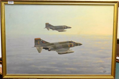 Lot 214 - Geoffrey E. Lea,  Jets in Formation, oil on canvas, signed and dated 1985 lower right, 51 cm by...