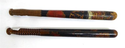 Lot 224 - A Victorian Ebonised Lignum Vitae Truncheon, painted with the crowned VR cypher over E.13 in...