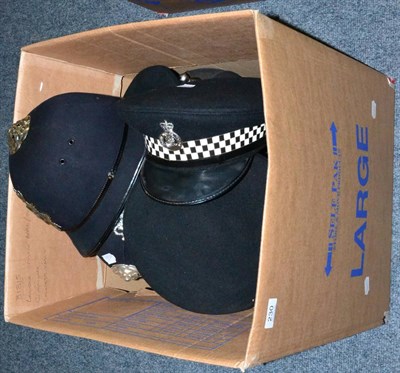 Lot 230 - Three Police Custodian Rose Top Helmets, with badges to Cardiff Police, West Midlands and...