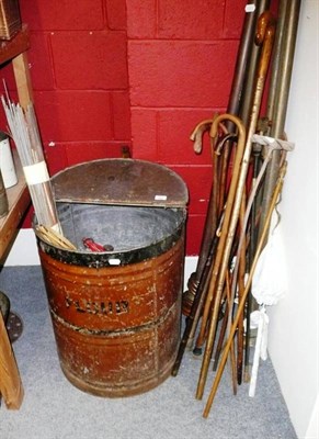 Lot 723 - A Large Flour Bin and Contents; Various Walking Sticks;  Brass Curtain Poles (qty)