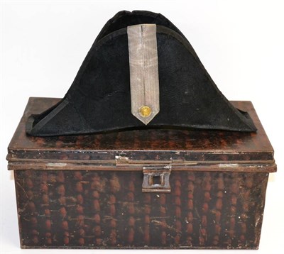 Lot 233 - A Victorian Black Silk Bicorn Hat, the front with double silver lace trim centred by a brass button