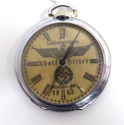 Lot 265 - A German Third Reich Chromium Plated Top Wind Pocket Watch, the circular plastic coated cream...