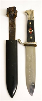 Lot 313 - A German Third Reich Hitler Youth Knife, the 13.5cm single edge steel blade etched Blut und...