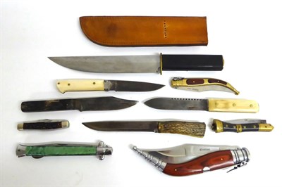 Lot 333 - A Bowie Knife, with single edge steel blade, brass oval guard and ebony grip, with leather...