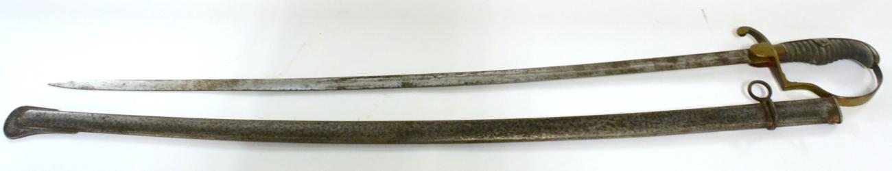 Lot 349 - A Prussian Infantry Sword, with 81cm single edge fullered steel blade, brass stirrup hilt with wire