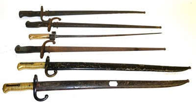 Lot 371 - Two French Model 1866 ";Chassepot"; Yataghan Sword Bayonets, each with brass hilt, T shape...