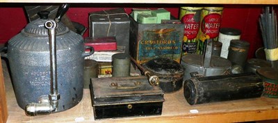 Lot 746 - Kitchenalia and Metalwares, including various tins, kitchen scales, Thornton & Son telephone, metal