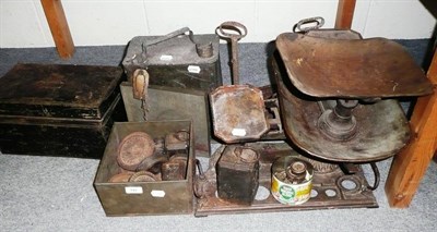 Lot 747 - A Quantity of Metalwares, including two pairs of kitchen scales, various weights, petrol...