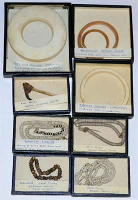 Lot 491 - Solomon Islands Currency, comprising:- a shell and talon fish hook, Buka; a large shell ring...