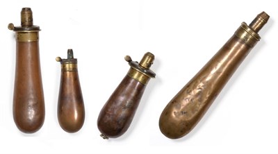 Lot 521 - Four 19th Century Graduated Copper Bag Shape Powder Flasks, of plain form, one with internal...