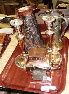 Lot 757 - A Copper Lamp; A Pair of Plated Candlesticks, a Copper Jug and a Heraldic Brass Vase