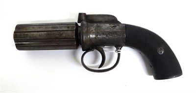 Lot 598 - A 19th Century Percussion Six Shot Pepperbox Revolver, the 8cm steel cylinder with Birmingham proof