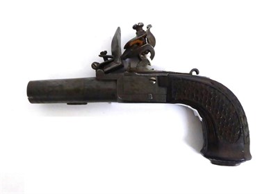 Lot 620 - An 18th Century Flintlock Pocket Pistol, with 4cm turn-off steel barrel, bird engraved box...