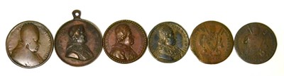 Lot 23 - Septimus VII, 1802, baiocco (damages); another, 1816; Clement XI, bronze medal (considerably worn)