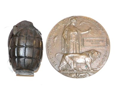 Lot 29 - A First World War Memorial Plaque, to PETER GEORGE MORRIS; a Deactivated No.51 Hand Grenade (2)