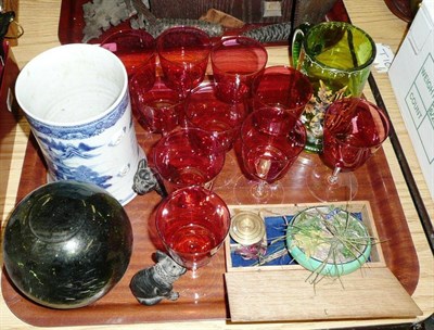 Lot 776 - A Set of Ten Cranberry Glass Wines; and Sundry