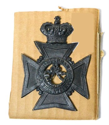 Lot 79 - A Victorian Blackened Helmet Plate to the 4th Durham Rifle Volunteer Corps, the reverse with...