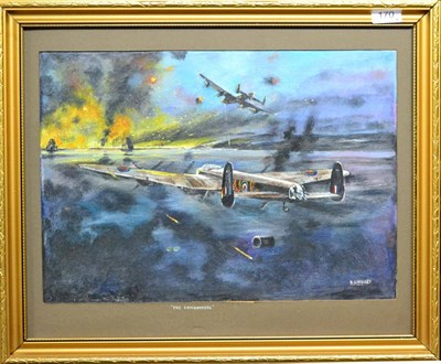 Lot 92 - D. Lindsey, ";The Dambusters";, oil on board, signed lower right, titled on the mount, 32 cm by...