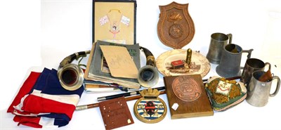 Lot 131 - Militaria, including a Soldier's sweetheart pin cushion to the DLI, a Bruce Bairnsfather plate...