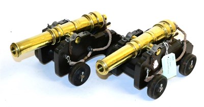 Lot 143 - A Pair of Model Ship Cannons, 1:5 scale, modern, each with a brass five-ring barrel, 35.5 cm...