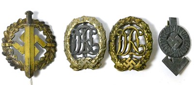 Lot 204 - Four German Third Reich Badges, comprising an SA Sports badge, two DRL Sports badges and a...