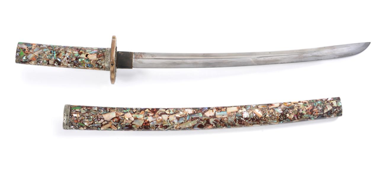 Lot 226 - A Wakizashi, the 38cm single edge blade with billowing hamon, one piece copper habaki, tang...