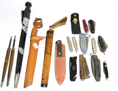 Lot 268 - Eleven Various Folding Pocket Knives, some with marlin spikes; six Other Edged Weapons, including a