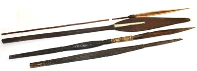 Lot 307 - Two South Sea Islands Spears, possibly Trobriand Islands, one of dark stained wood carved with...