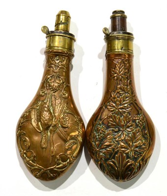 Lot 328 - A 19th Century Copper Powder Flask by G & J W Hawksley, embossed with hanging game of a goose and a