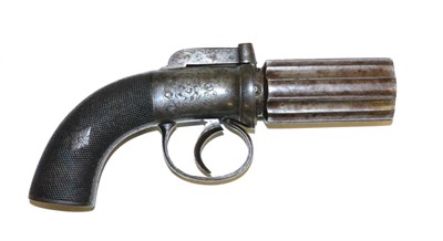 Lot 386 - A 19th Century Six Shot Pepperbox Revolver, the 7cm cylinder with Birmingham proof marks, with...