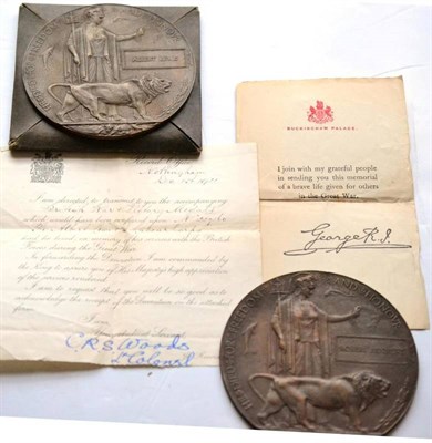 Lot 4 - Two First World War Memorial Plaques:- one awarded to 227160 Private ALBERT LEWIS, Labour...