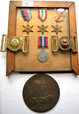 Lot 26 - A First World War Memorial Plaque, to OSCAR ADDISON DAVIES; assorted Medals and Militaria,...