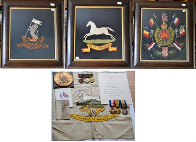 Lot 50 - A First World War Family Group of Medals and Embroidered Pictures, comprising a trio of 1914-15...