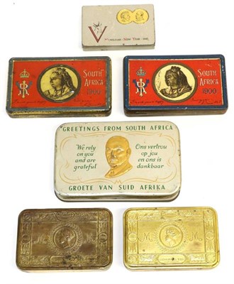 Lot 130 - Six Various Christmas Tins, comprising:- two South Africa 1900; Greetings from South Africa, We...