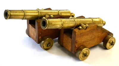 Lot 137 - A Pair of Non-working Model Signal Cannons, each with 20cm three stage brass barrel, mounted on...