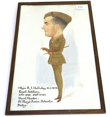 Lot 146 - A Second World War Caracature Portrait of Major B J Halliday M.C. M.M., Royal Artillery,...