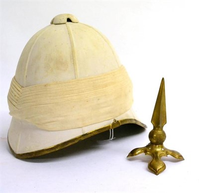 Lot 166 - A Late Victorian Tropical Spiked  Helmet by Hawkes & Co., in cork covered in white cloth with...