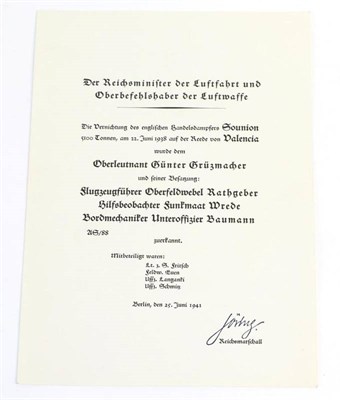 Lot 228 - A German Third Reich Luftwaffe ";Kill"; Document, regarding the destruction of the English...