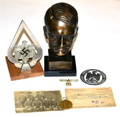 Lot 232 - Assorted Militaria and Related Items, comprising: a bronze bust of Adolf Hitler, marble base, 22 cm