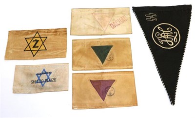 Lot 233 - Five German Third Reich Concentration Camp Armbands, one with pink triangle and stencilled...