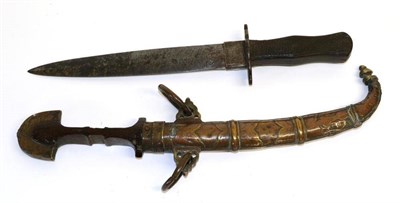 Lot 337 - A 19th Century Dagger, with steel blade, lobed oval quillon and chequered horn grip scales; a...