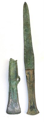 Lot 379 - A Bronze Age Dagger, Luristan, Persia, with 24cm double edge blade extending to the waisted...