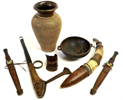 Lot 404 - A Collection of African Artefacts, comprising an Upper Congo axe, two Sudanese knives with...